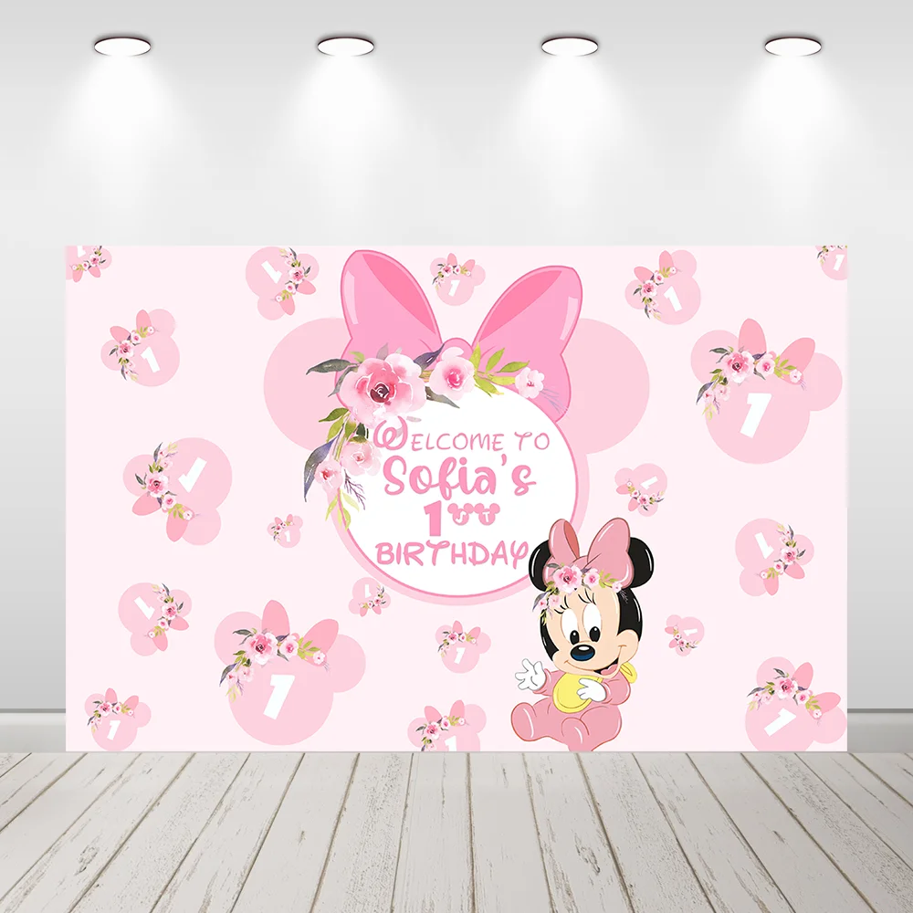 Desenho animado rosa Minnie Mouse Backdrop, fundo de fotografia, mesa de chuveiro de bebê, 1st Birthday Party, Photobooth para crianças, meninas
