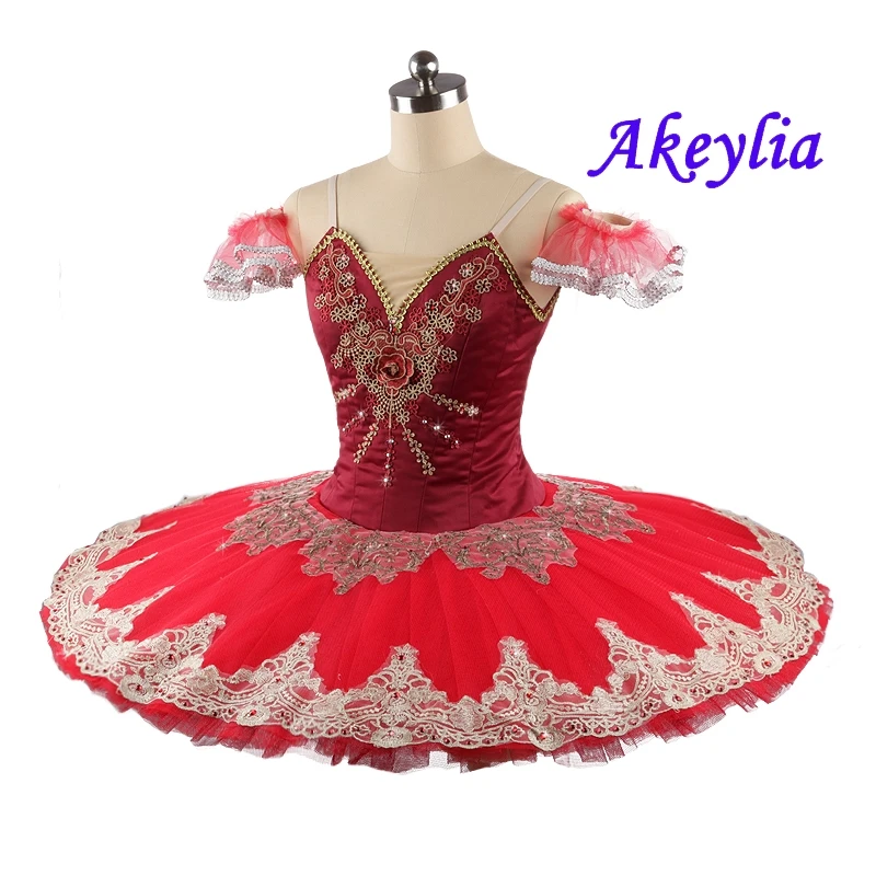 Tutu professionnel rouge sans élasticité pour femmes, vêtements de danse de ballet, crêpes de la belle au bois dormant, Costumes Tutu de Ballet classique 0261