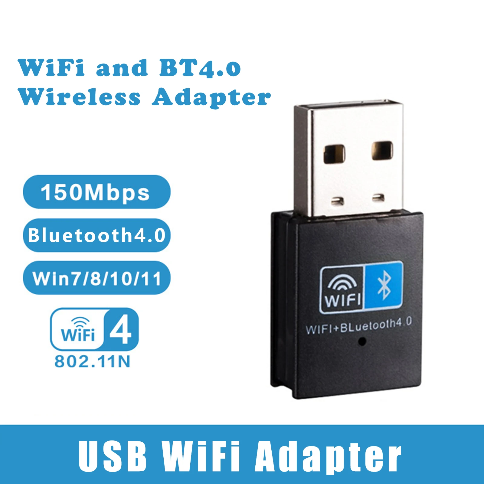 Mini clé adaptateur USB WiFi sans fil, 150 Mbps, carte réseau Internet, dongle récepteur Bluetooth pour PC, ordinateur portable, ordinateur de bureau