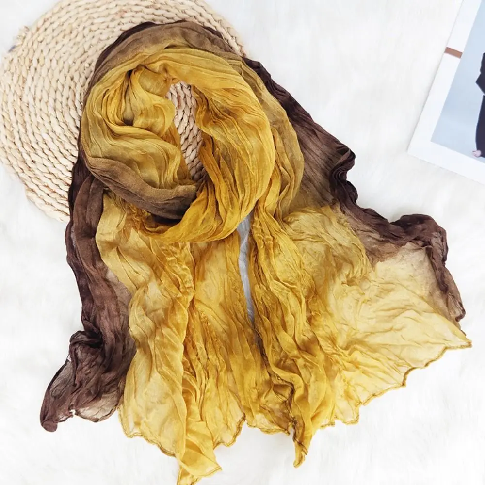 Fashionable Trend Gradient Blue Fold Shawl Soft Retro Pleated Long Scarf Sunscreen Scarf Spring Summer