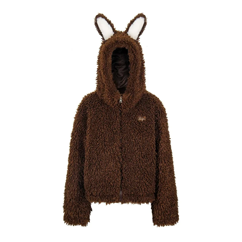 

Autumn Rabbit Ears Hooded Coats Sweet Girls Coffee Women Cute Plush Lamb Fur Jacket Pink Clothing Zippper Fashion Ladies Tops