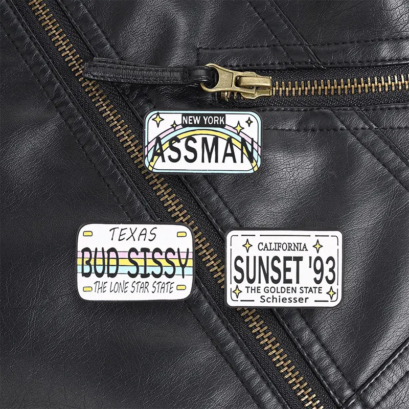 TV Show License Plate Enamel Badge California Sunset 93 Texas Bud Sissy NY Assman Humor Gift for Film Buffs