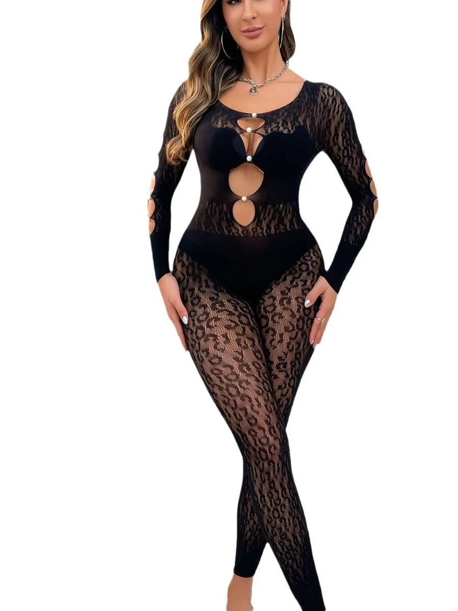 New sexy one piece jumpsuit in women long sleeved shiny mesh hollow perspective High Strecth Solid color Appear thin jumpsuit 6Z