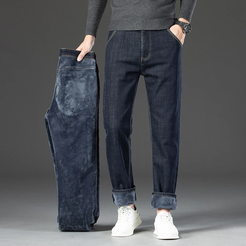2026 New Jeans Brand Autumn Winter Jeans Warm Flocking Warm Soft Men Activities Warm Fleece Pants Men Jeans Black Blue Colors