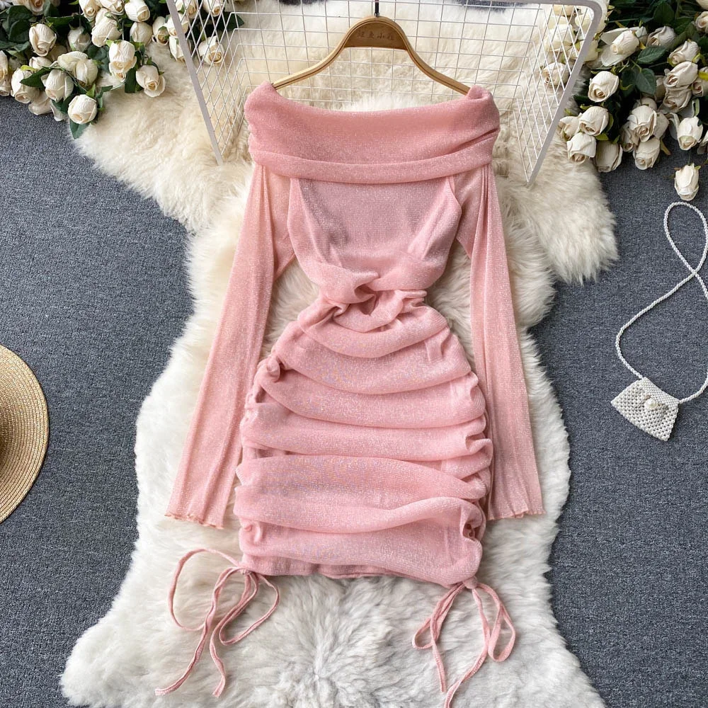 Sexy Off Shoulder Bodycon Mini Dress Women Fashion Spring Slash Neck Long Sleeve Shinny Mesh Drawstring Ruched Club Party Dress