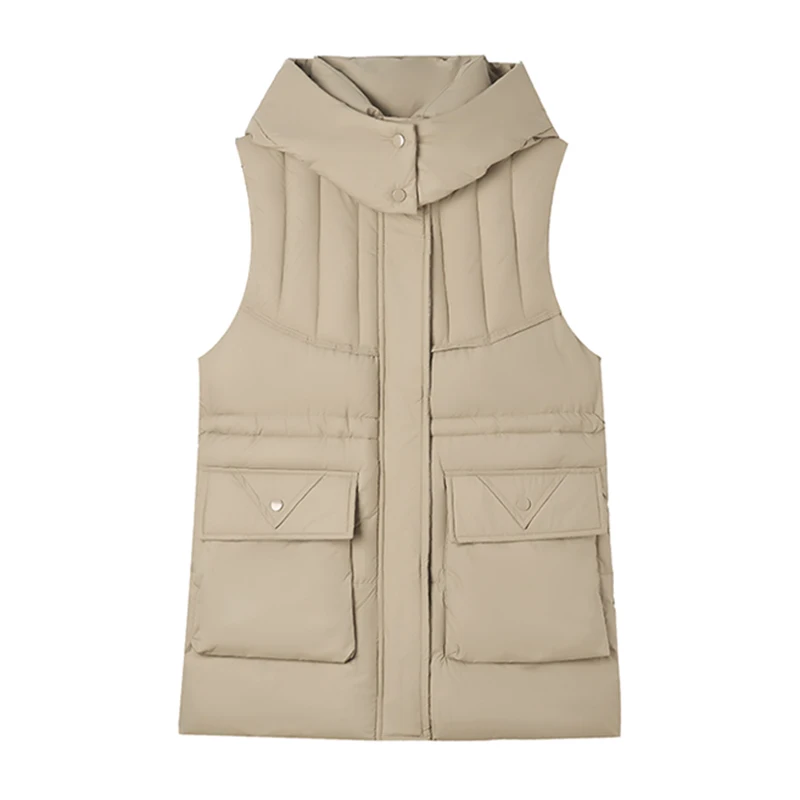 New Women's Fashion Hooded Down Cotton Vest Long Parkas Thick Warm Puffer Sleeveless Jacket Solid Windproof Waistcoat Outerwear