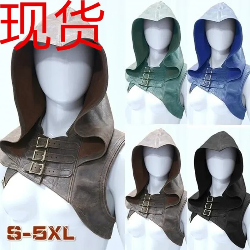 Halloween Women T-shirt Huntress Assassin Medieval Cosplay Costumes Carnival Summer Hooded Crop Tops Leather Vest Elf Clothing