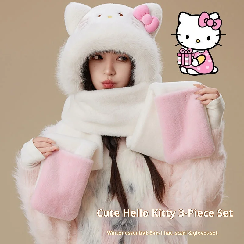 

Hello Kitty Girls Cartoon Keep Warm Hat Child Cute Winter Fleece-Lined Thicken Hat Scarf Gloves Three-In-One Winter Gifts Toys