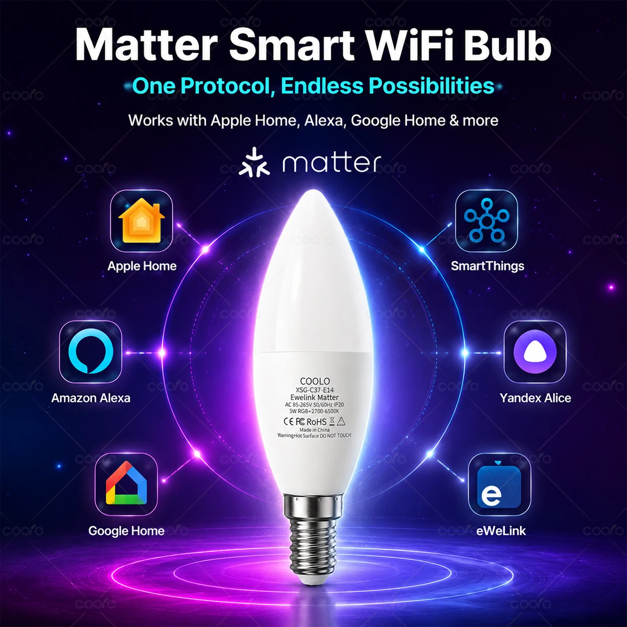 Ewelink Matter WiFi E14 Candle Lamp 5W Dimmable 16 Million Colors RGB W+C Smart LED Light Bulb For Apple Home Alexa Google Alice