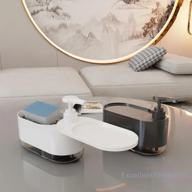 スポンジホルダー付きデュアルソープディスペンサー、手動プレス式ソープボックス、キッチンシンク用ハンド＆ディッシュソープディスペンサー、洗剤ディスペンサー