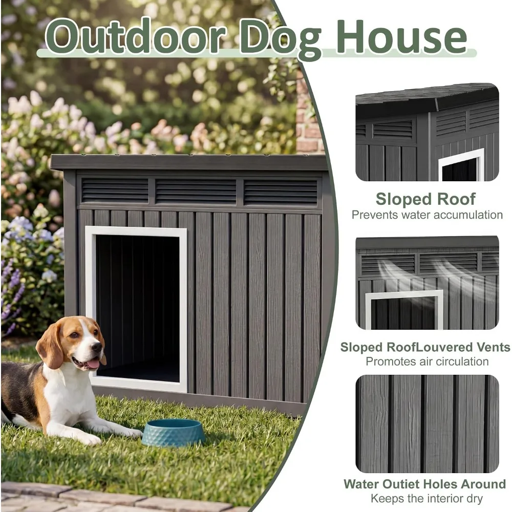Large Dog House Outdoor Weatherproof Resin Sloped Roof Ventilation Easy Assembly Classic Black