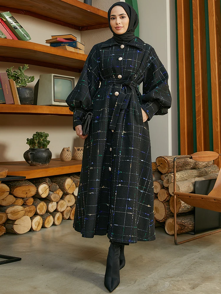 บอลลูนเสื้อ \ \ \ \ \ \ \ \ \ \ \ \ \ \ \ \ \ Coat ยาว Tweed ผ้า Belted ฤดูหนาว Overcoat