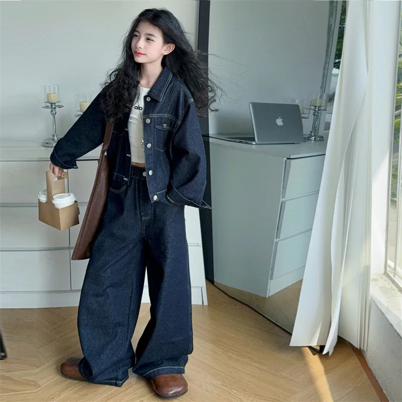 

Ковбойская одежда для девочек-подростков, костюм на весну и осень, синяя джинсовая куртка в стиле ретро + широкие джинсы, комплект из 2 предметов, детское пальто, штаны, детская одежда