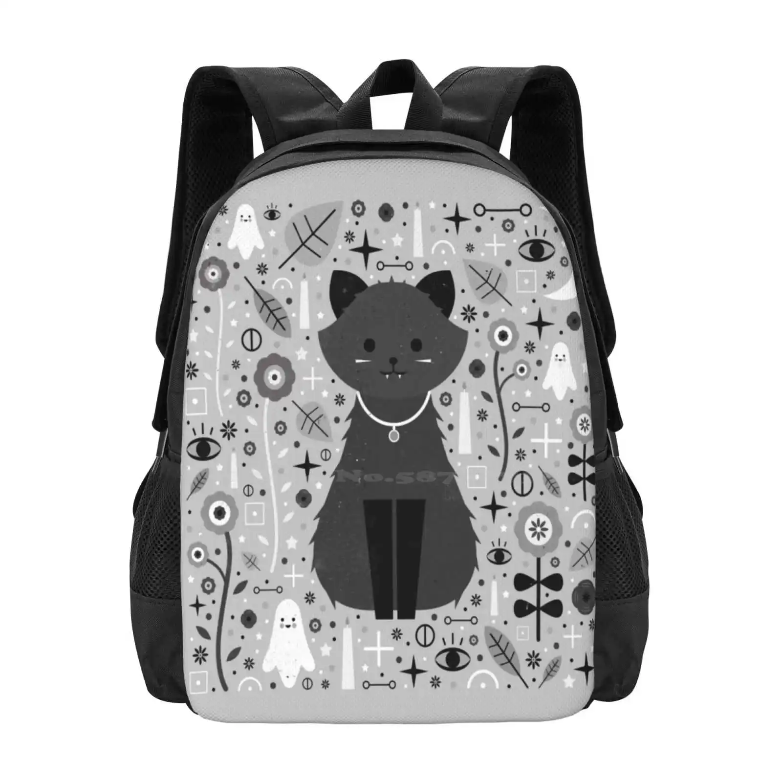 Kitten Fang School Bags For Teenage Girls Laptop Travel Bags Kitten Cat Baby Animal Fang Halloween Spooky Grey Black White