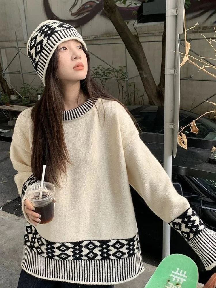 

2023 осенне-зимний модный новый женский элегантный вязаный кашемировый пуловер, свитер с принтом, теплый уличный свитер, джемпер