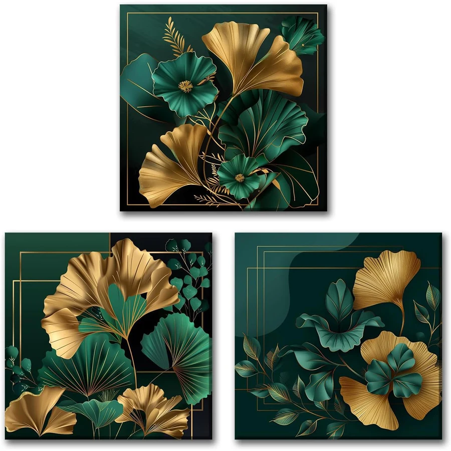

Набор из 3 картин с золотыми листьями гинкго, полностью инкрустированных стразами, тропическое растение, изумрудно-зеленый декор для ванной комнаты