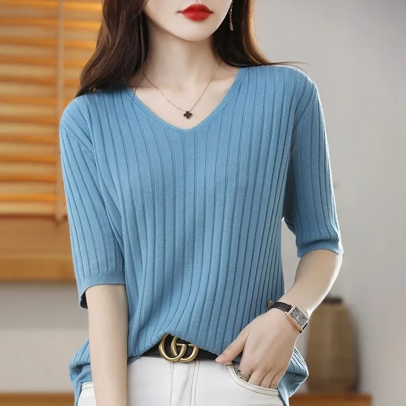 

10 Colors Pullovers Women Elegant Fashion Casual Slim Female V-neck Sweaters Solid Harajuku Summer Aesthetic Retro Comfortable