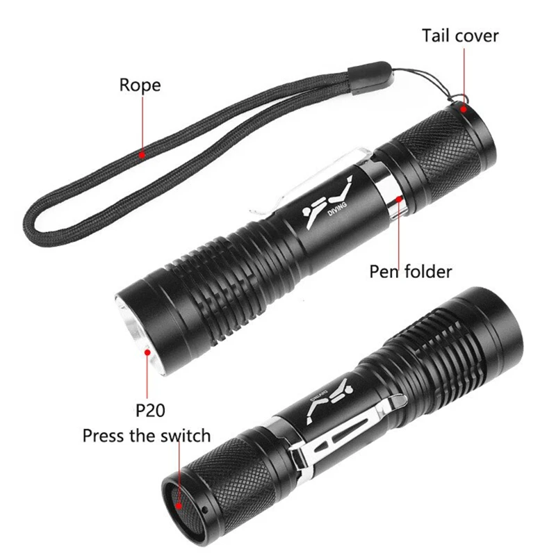 IPX8 Waterproof Dive Underwater 10 Meter LED Diving Flashlight 300LM LED Torch Lamp With hand rope Powered by 3.7V Li-ion Battey