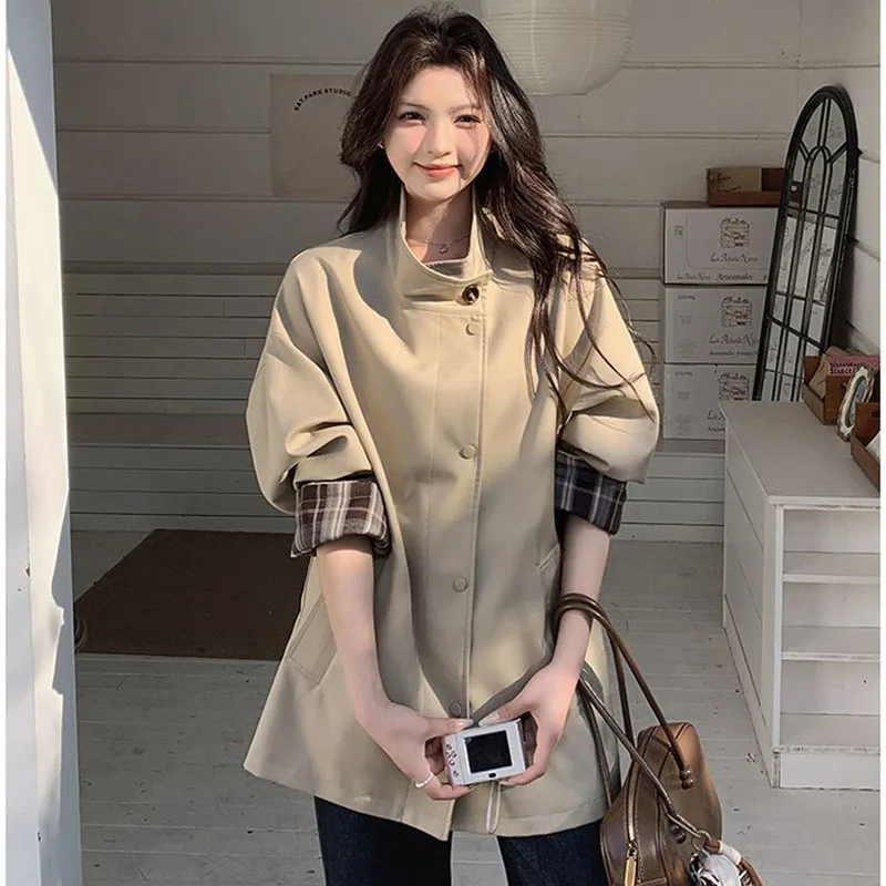 Female Stand Collar Windbreaker Outwear Spring Autumn Women Fashion Mid-length Trench Coat Korean Lady Long Sleeved Lined Jacket