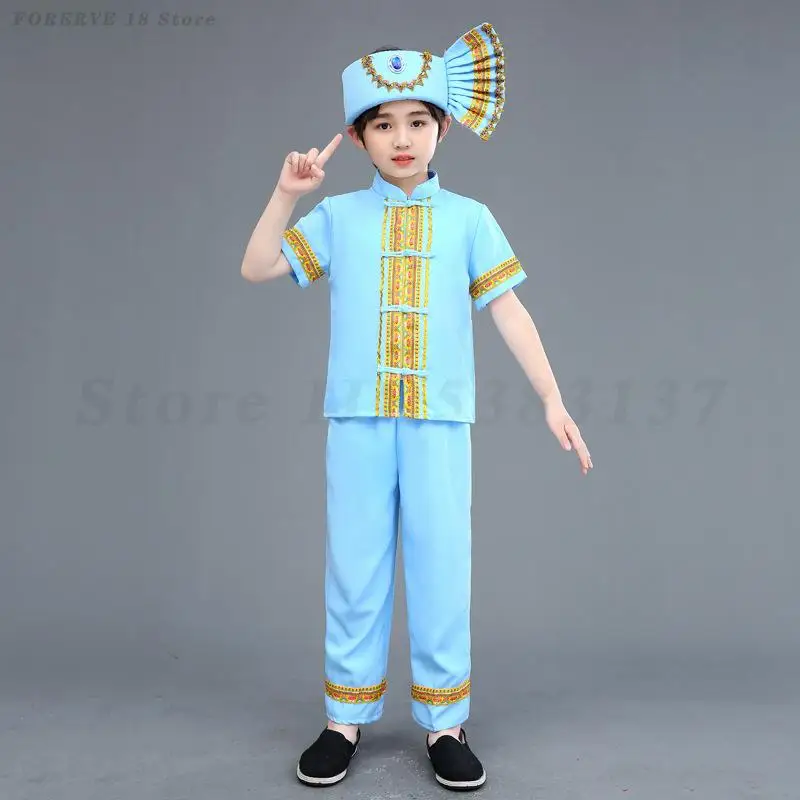 Etniczne dziecięce ubrania do tańca Tujia Zhuang Yi Dai kostiumy tybetańskie chłopiec dziewczyna tradycyjny mundur Dai letni strój Dai Cosplay