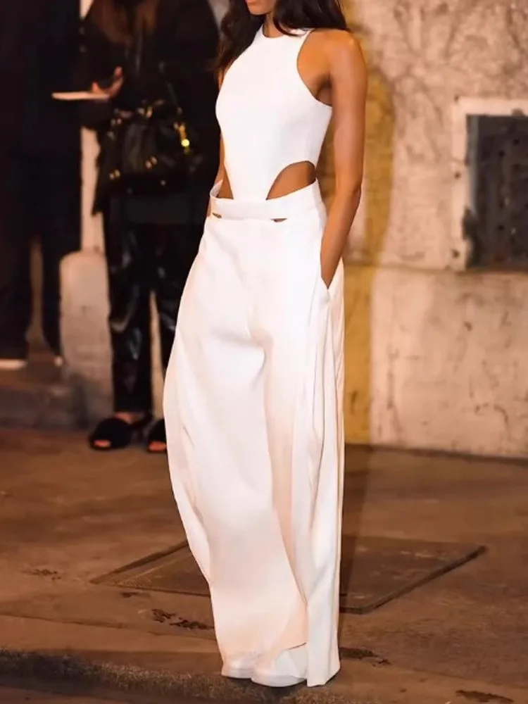 

Модный белый комбинезон для женщин, сексуальный комбинезон без рукавов с круглым вырезом и высокой талией, широкие длинные брюки, женские летние новинки 2025