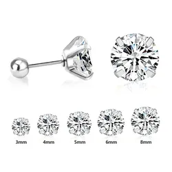 2Pcs Shiny Crystal Zircon Stud Earrings For Women Men, Round Beads Screw Back Needle CZ Ear Jewelry Stainless steel 3-8mm