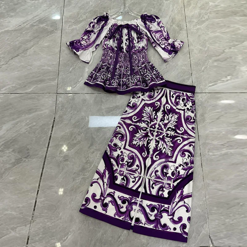 デザイナー ボヘミアン オフショルダー トップ レディース – 綿 100% パープル ポーセリン プリント ブラウス |   2025年夏のビーチホリデー衣装