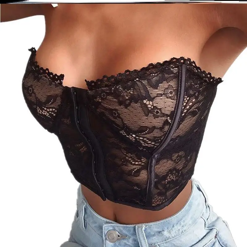 Top Corto de Encaje Sexy, Brtte sin Tirantes con Cierre de Gancho, Ropa Interior, Top Corto sin Mangas con Bordes, Color P...