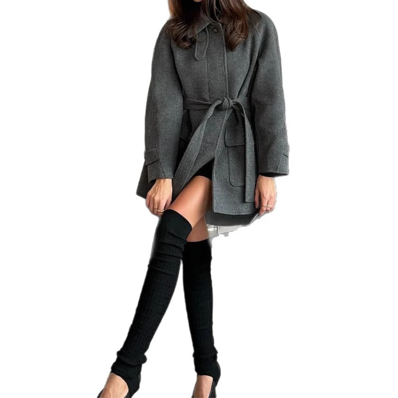 Korean Version of Elegant Temperament, Solid Color Lapel Lace-up Woolen Jacket Women's 2025 Fall/winter New Wholesale