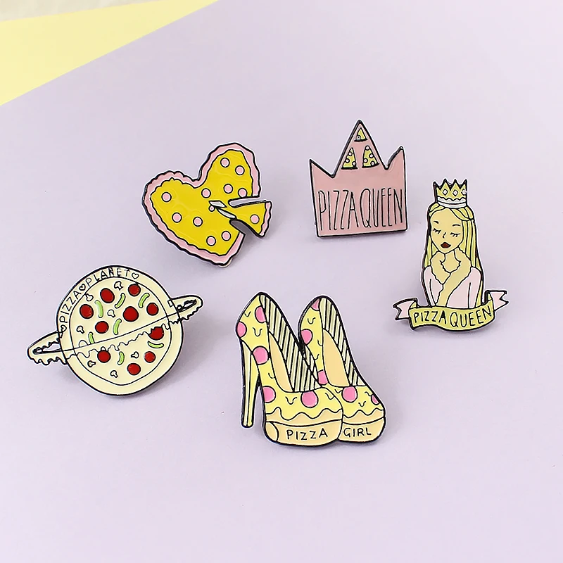 Pizza rainha menina pinos pizza coração coroa planeta saltos altos broche saco roupas lapela pino distintivo comida jóias para crianças amigo