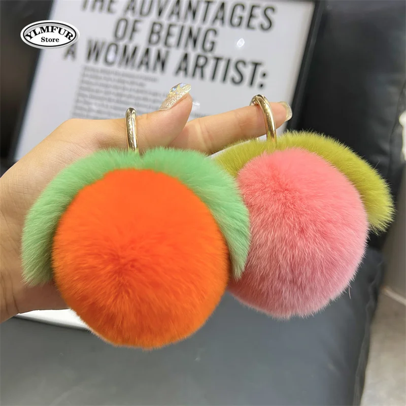 Real Rabbit Hair Mini Cute Furry Peach Keychain Keychains Women Plush Rex Rabbit Fur Car Key Chain Bag Decoration Pendant Gift
