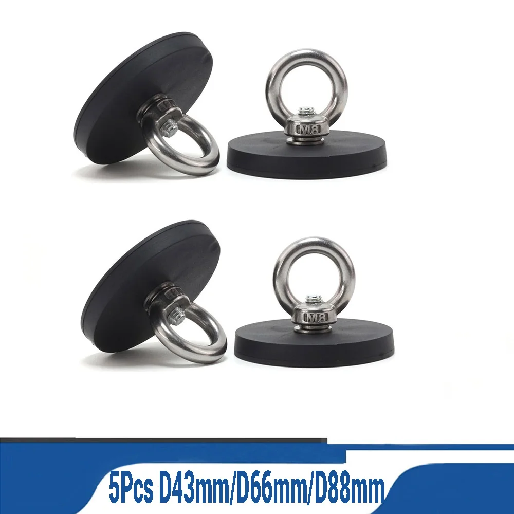 

5Pcs Super Strong Neodymium Magnets Fishing Rubber Coated Lifting Ring D43mm/D66mm/D88mm With Countersunk Eyebolt For Salvage