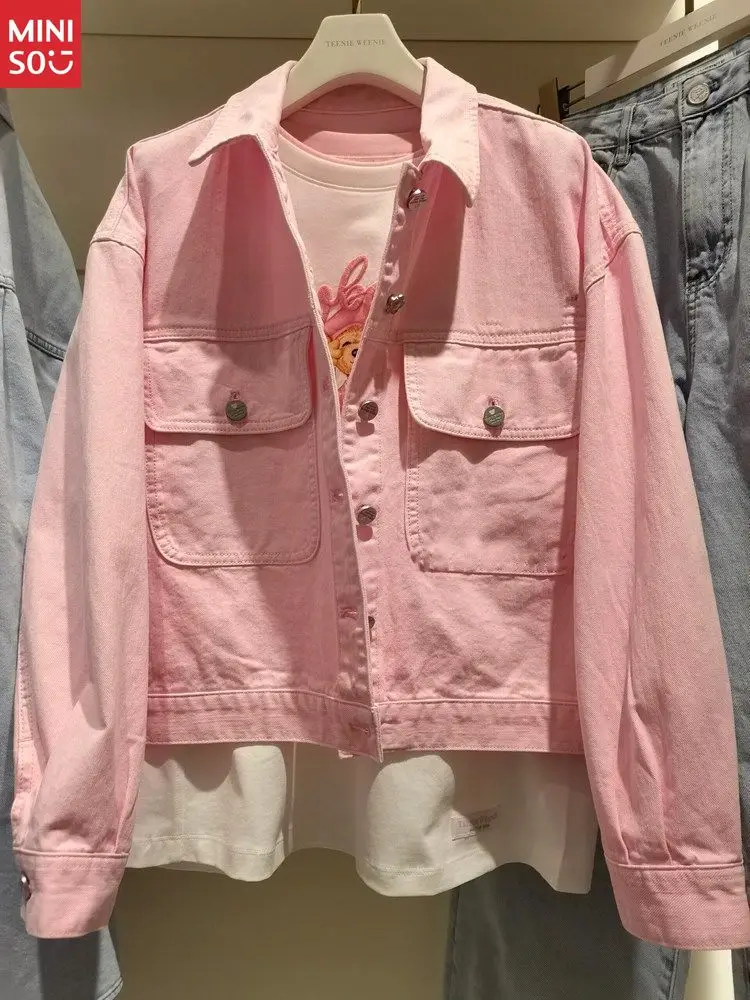 

Disney Fall New Arrival: Korean Style Light Luxury Pink Denim Jacket for Women Fashion-Forward Cropped Design for Petite Sizes