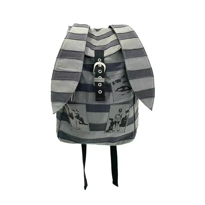 Harajuku Striped Y2K Backpack Women Punk Bunny Patchwork School Designer Travel Bag Alt Aesthetic Three-dimensional Long Ear Bag