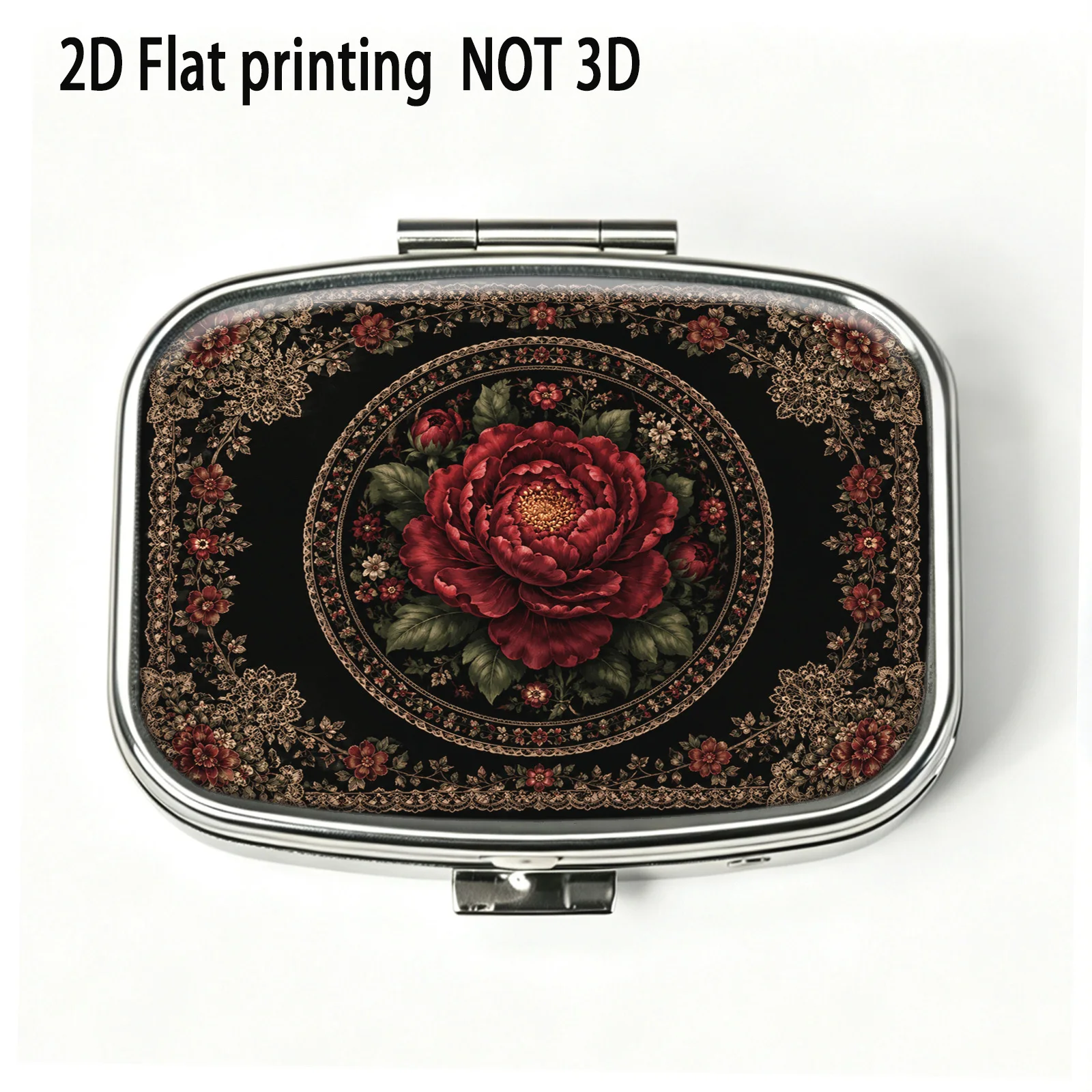 Single-piece, flat, deep red square compartment box with three-dimensional rose pattern, vitamin storage box, elegant, very suitable for outdoor travel and office medication reminders