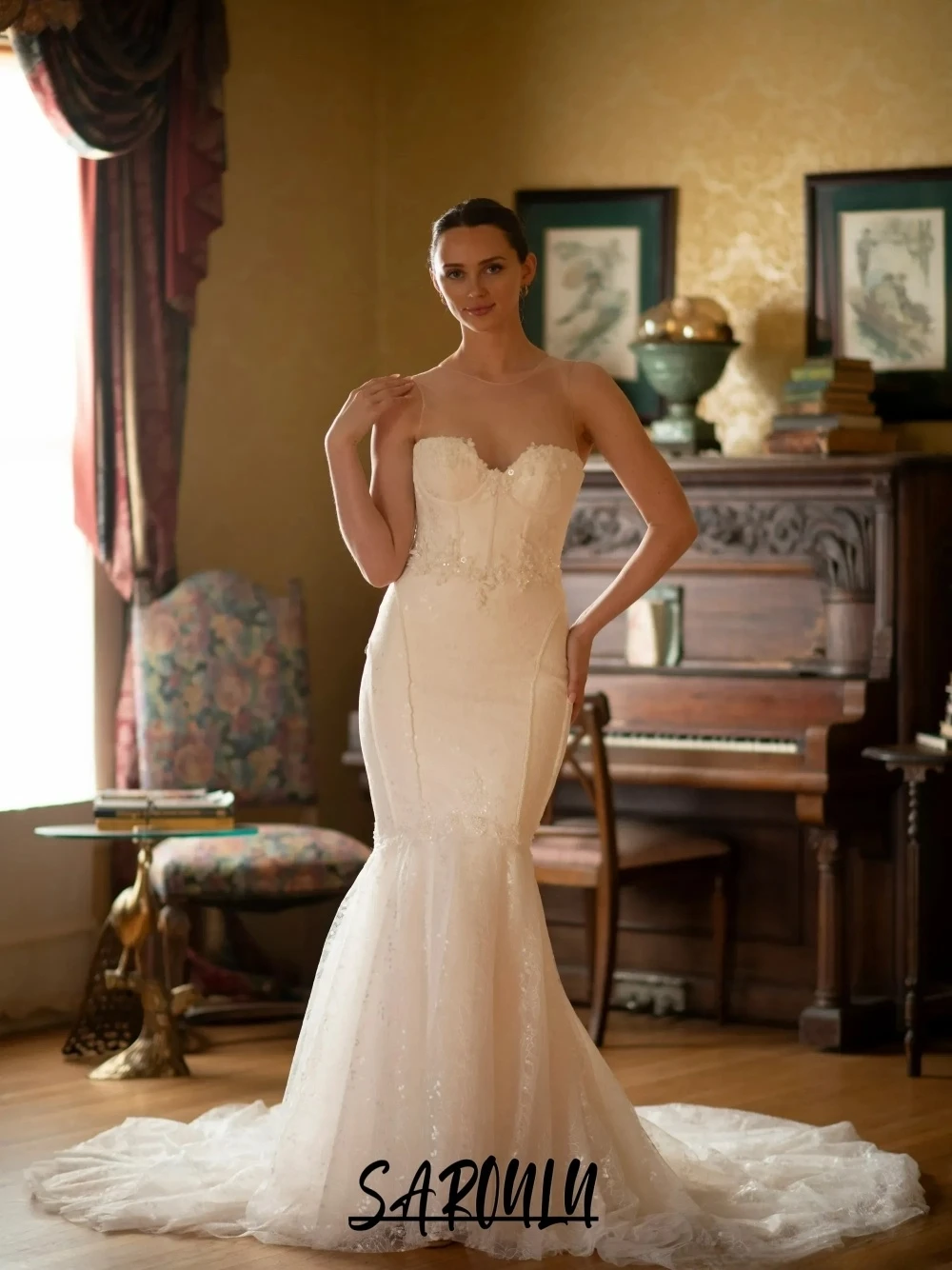 

Women O Neck Classy Mermaid Wedding Dress Modern Sleeveless Glitter Appliques Customized Bridal Gown Chic Long Dreamy Wear