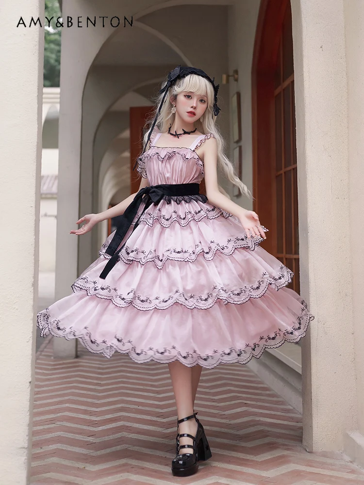 

Summer New Gentle Temperament Lolita Dress for Women Sweet Cute Lotus Leaf Square Collar Sleeveless Slim Multi-Layer Dresses