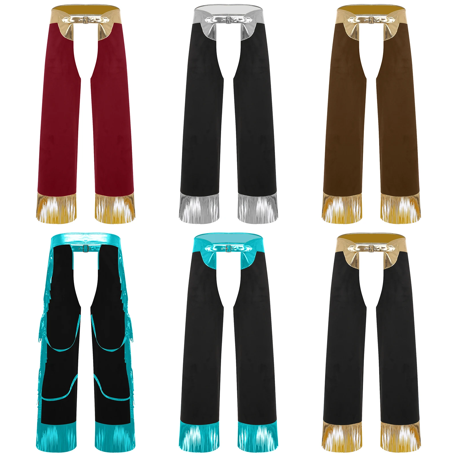 

Mens Western Cowboy Pants Hollow-out Crotch Long Pants Metallic Shiny Fringe Bull Riding Chaps Halloween Themed Party Costume