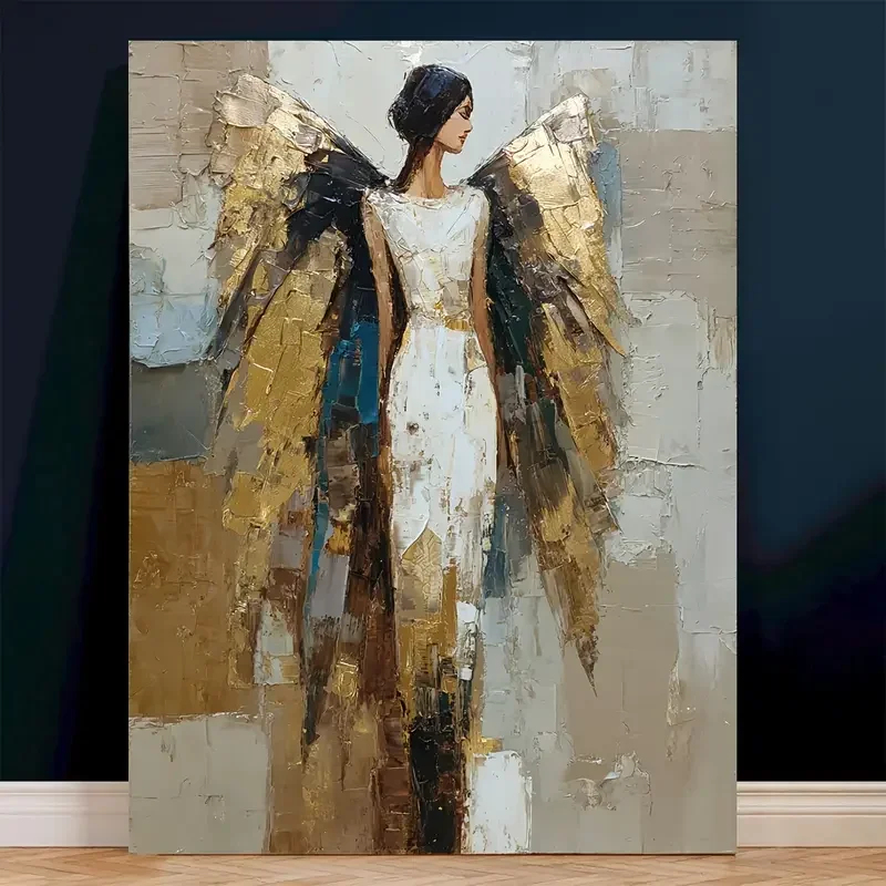 1pc Modern Abstract Angel Wing Canvas Wall Art - Golden Beige Blue Black Minimalist Spiritual Painting with Angel Figure, Wooden