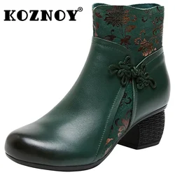 Koznoy 5cm Genuine Leather Ethnic Knot Print Suede Women Boots Autumn Spring Ankle Winter Plush Plus Size Novelty Fashion Shoes