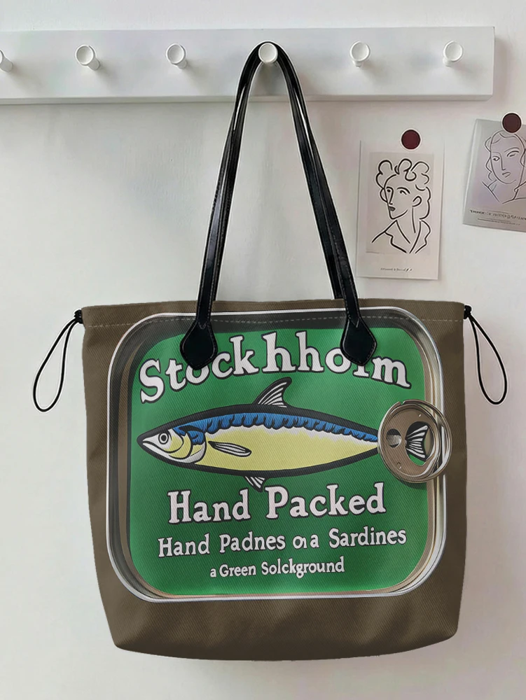 Vintage Sardine Can Print Tote Bag Large Capacity Canvas Shoulder Bag For Shopping Travel Daily Use