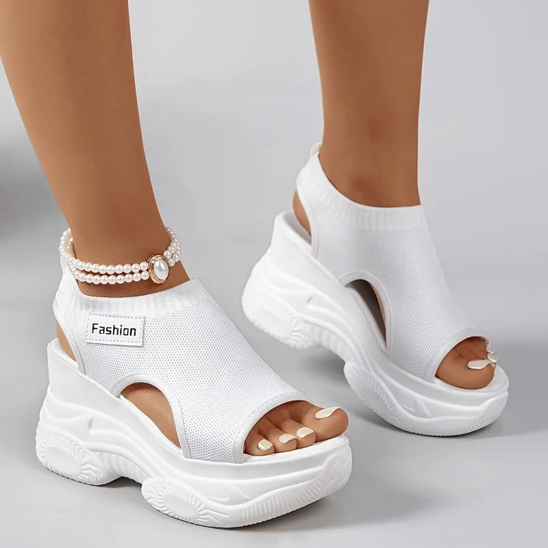 Women Fashion Platform Wedge Sandals Peep Toe Knit Mesh Breathable Lightweight Comfortable Sporty Walking Casual Outdoor Slides image 3