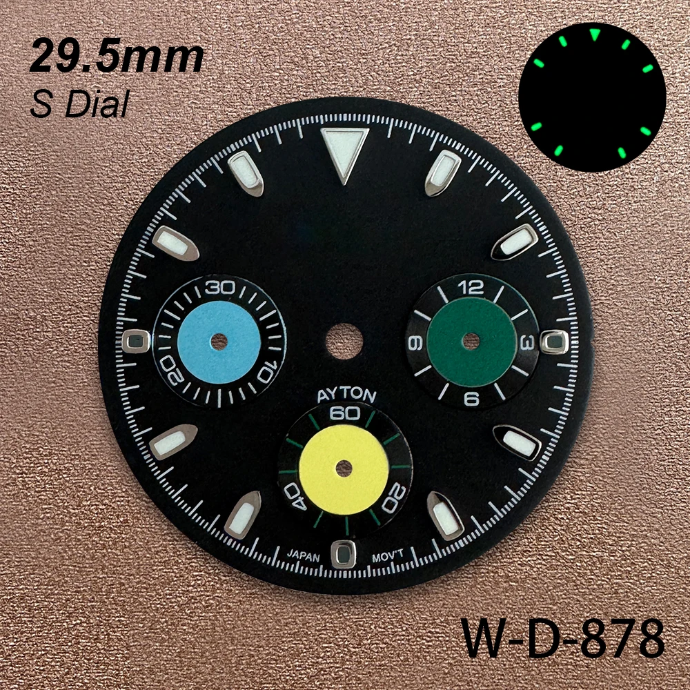 29.5mm S Logo DTN Panda Dial Suitable For VK63 Movement Green Luminous Colorful Quality Watch Modification Accessories