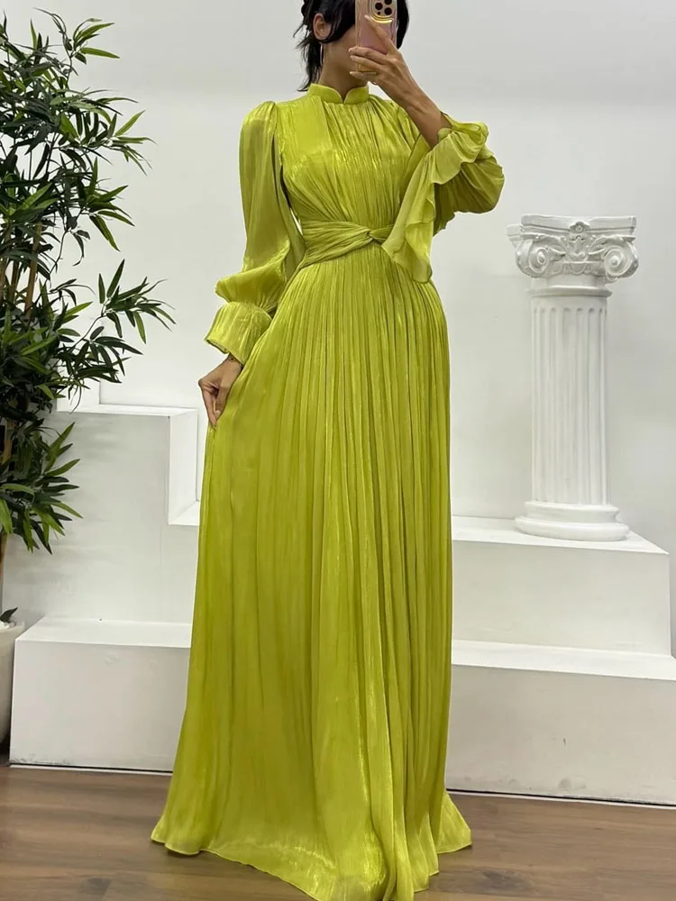 

Элегантное темпераментное длинное платье с воротником-стойкой, повседневное шелковое платье с расклешенными рукавами, вечернее платье, женское модное однотонное вечернее платье с талией