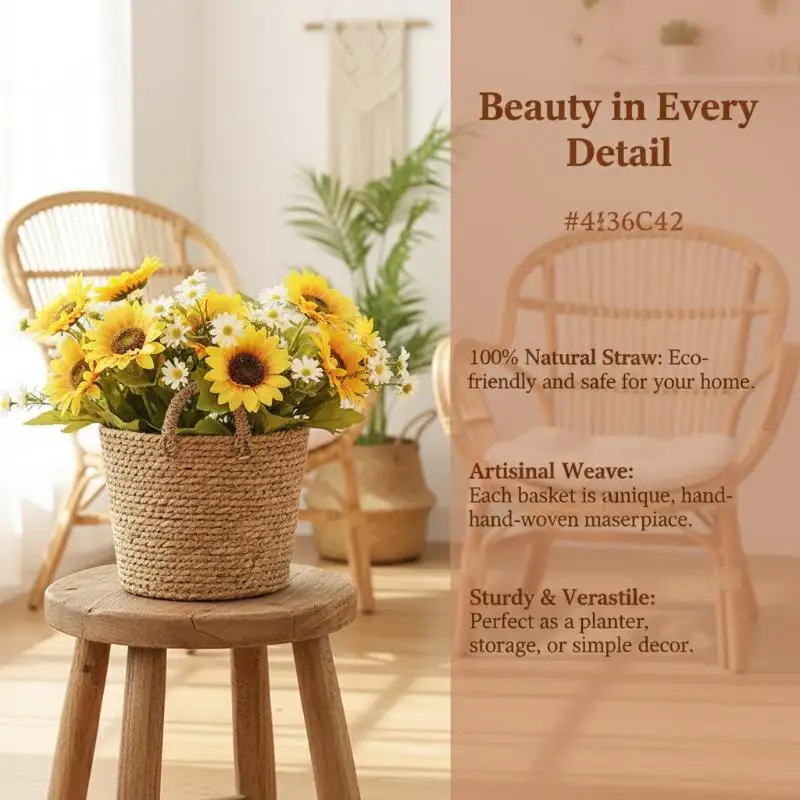Straw Grass Woven Flower Pot Basket for Garden Terraces Rattan Planter Lightweight Design for Desktop and Shelf Decor