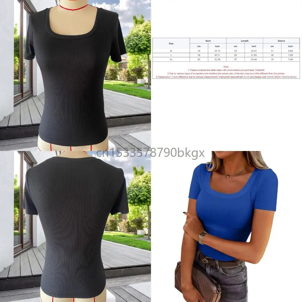 

Women Elastic Ribbed Knit Square Neck Basic Wrinkle Resistant Short Sleeve Fit T-Shirt Solid Color Plain Blouse J78E
