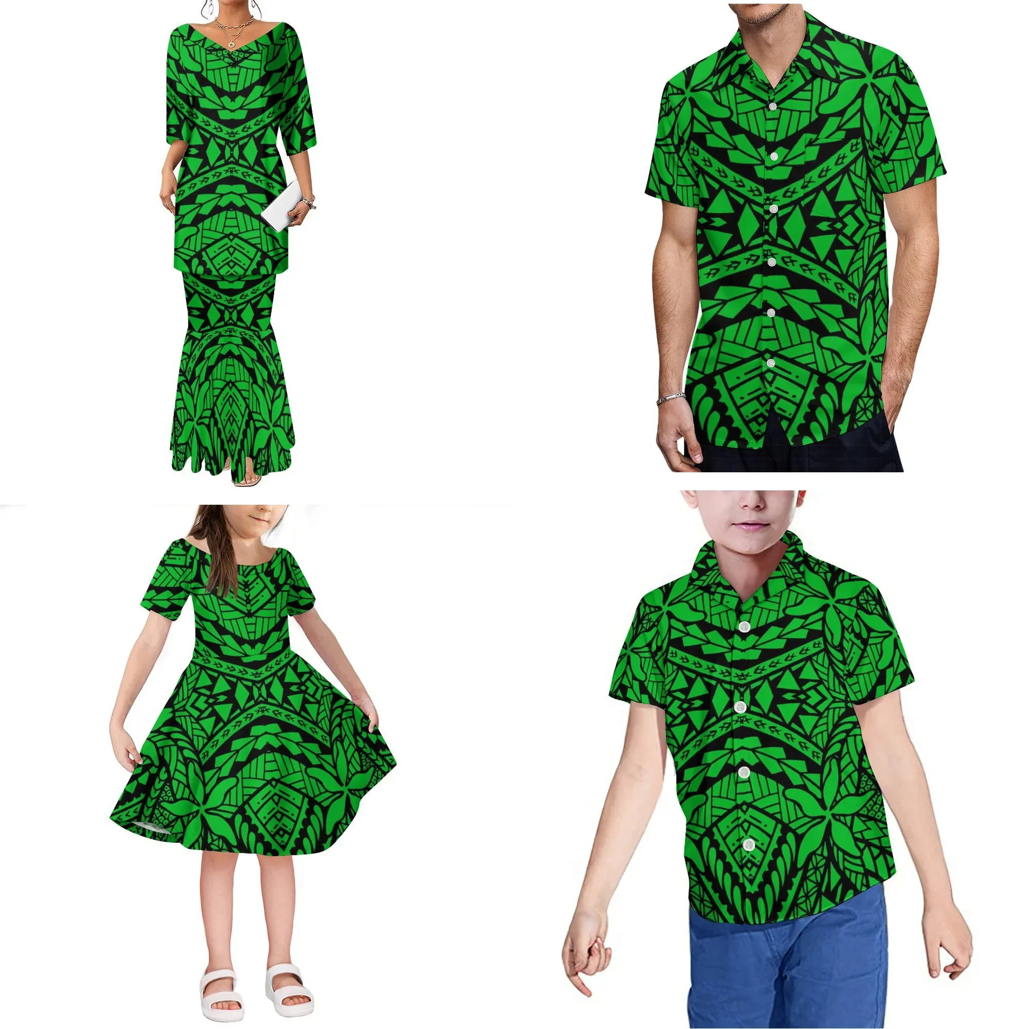 

High Quality Custom Polynesian Tribal Design V Neck Samoan Puletasi Fishtail Skirts Half Sleeve Two Piece Set Outfits 2pcs