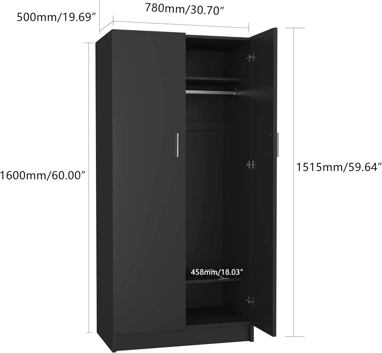 2 Door Wardrobe Closet Bedroom with 2 Shelves Storage, Hanging Rail for Bedroom (Black)