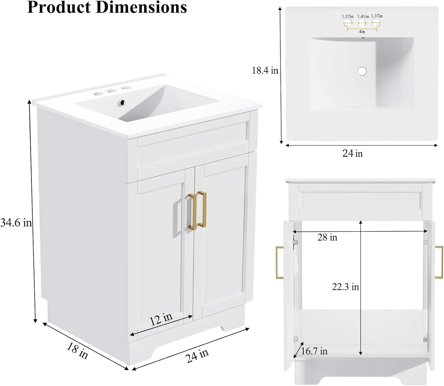 Ceramic Sink, Bathroom Vanity Cabinet with 2 Doors, 24 Inches Wooden Bathroom Sink Cabinet