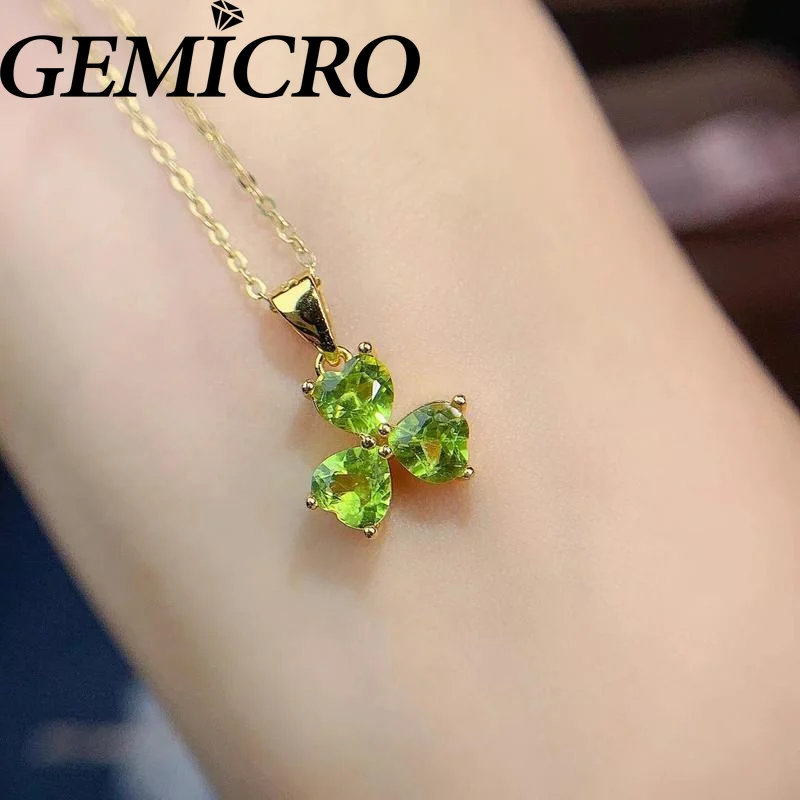 Gemicro 100% 925 Silver Natural Peridot Gemstone Pendant for Women Fine Jewelry Anniversary Mothers' Day Gifts 18K Gold Plated